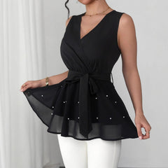 Women's New Lace-Up Beaded V-Neck Sleeveless Tank Top
