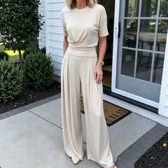 Womens Loose Crew-Neck T-Shirt And Wide-Leg Pants Two-Piece Set