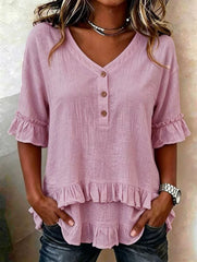 Women's Retro V-neck Ruffled Loose Cotton And Linen Short Sleeves