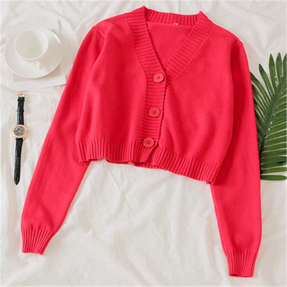 Women'S Cropped Cardigan Sweaters Female Black White Short Sweater V Neck Single Breasted Sweater Woman Knitted Cardigan Tops