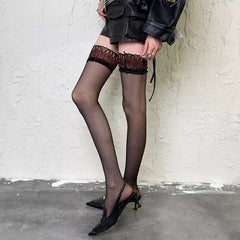 Peacock Red Retro Lace Edge Black Long Socks