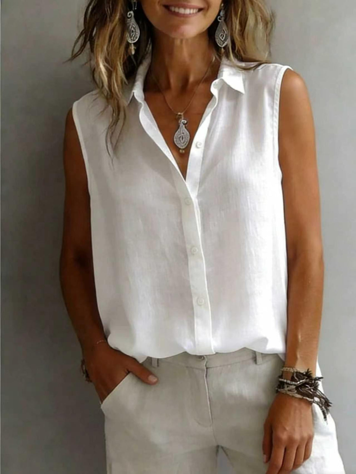 Women's Solid Color Casual Lapel Sleeveless Shirt