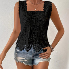 Womens Elegant Square-neck Lace Hollow-out Sleeveless Top