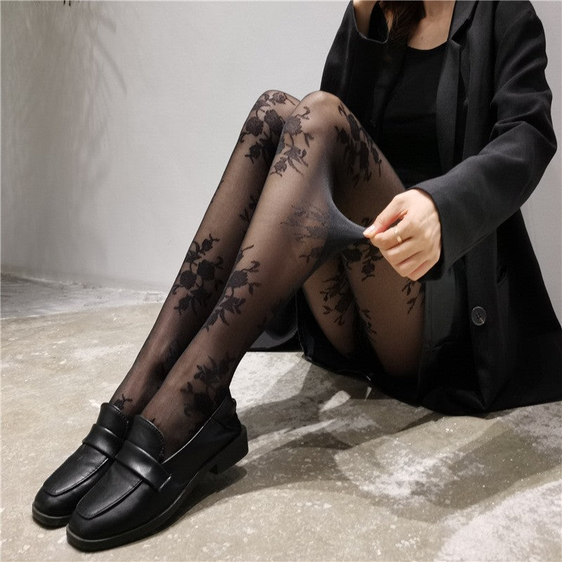 Retro Rose White Silk Socks Women's Summer Thin Black Silk Anti Hook Silk Jacquard Pants Socks Sweet And Sexy