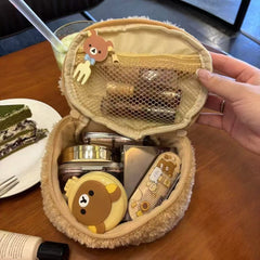 Cartoon Cute And Adorable Lambswool Easy Bear Head Oval 3D Makeup Bag