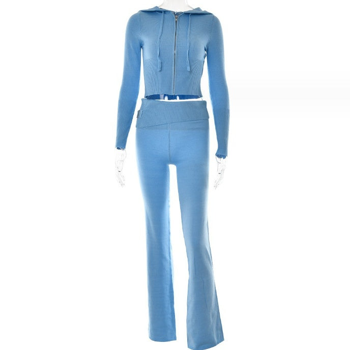 Sportlicher Freizeit-Hoodie-Anzug, sexy, langärmeliger Pullover mit Reißverschluss und hochtaillierte lange Hose, Damenbekleidung