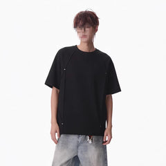 Retro Rivet Patchwork Design, Loose-fit Short Sleeves