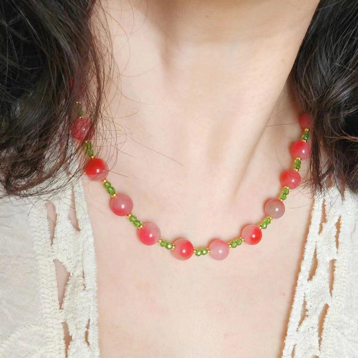 Pink Bead And Green Crystal Necklace And Bracelet Set