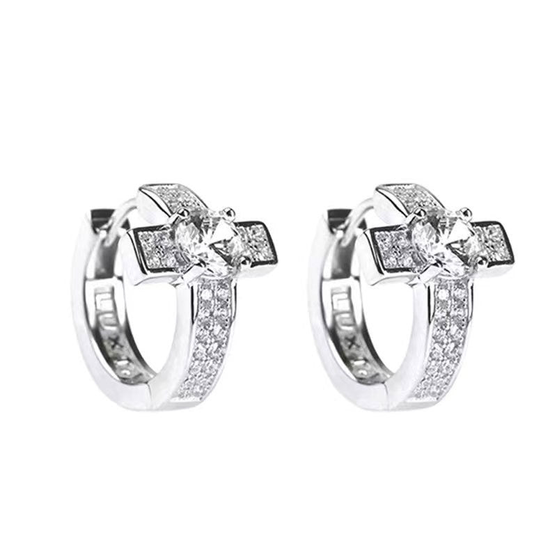 Cross Earrings Men's Diamond-encrusted Zircon Hip Hop