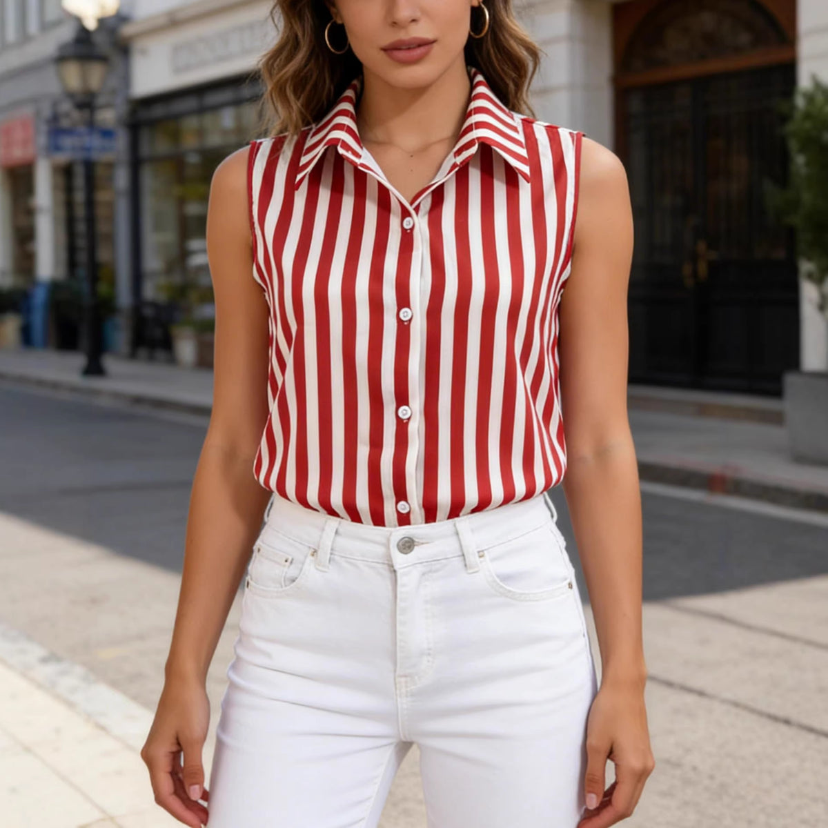 Retro Striped Vest Polo-neck Sleeveless Top
