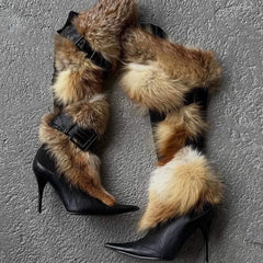 Trendy Y2K-style Fluffy Stiletto Thigh-high Boots