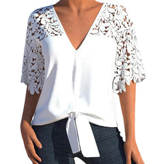 V-Neck Commuter Sexy Lace Hollow-Out Solid Color Three-Quarter Sleeve Chiffon Blouse