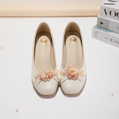 White Floral Block Heel Pumps, Elegant Square Toe Jacquard Women's Dress Shoes