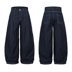 Men's High Waist Wide Leg Cut Off Denim Shorts - Blue Pleated Straight Fit Cotton Blend Jeans for Spring and Autumn