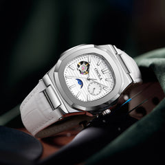 Hochwertige mechanische Uhr mit Sonnen-, Mond- und Sternenmotiv, wasserdichtem Lederarmband