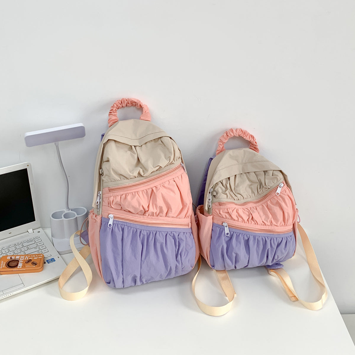 Nylon Fabric Large-Capacity Pleated Patchwork Contrasting Color Backpack