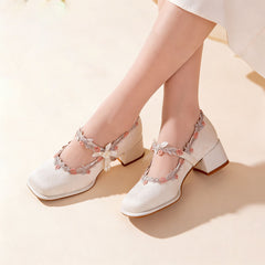 Elegant Oriental Jacquard Satin Mary Jane Shoes With Embroidered Lace And Pearls, Non-Slip Rubber Sole, Comfortable And Non-Fatiguing, Versatile High Heels For Everyday Wear, Parties, And Weddings