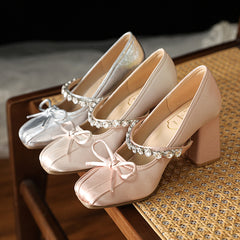 Women's Bow-Tied Square-Toe Rhinestone Chunky Heel High Heels
