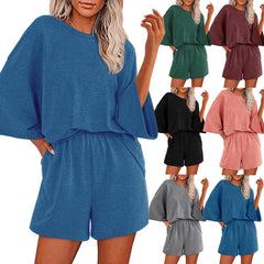 Solid-color Crewneck Short-sleeve Top And Elastic-waist Shorts Two-piece Set