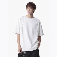 Retro Rivet Patchwork Design, Loose-fit Short Sleeves