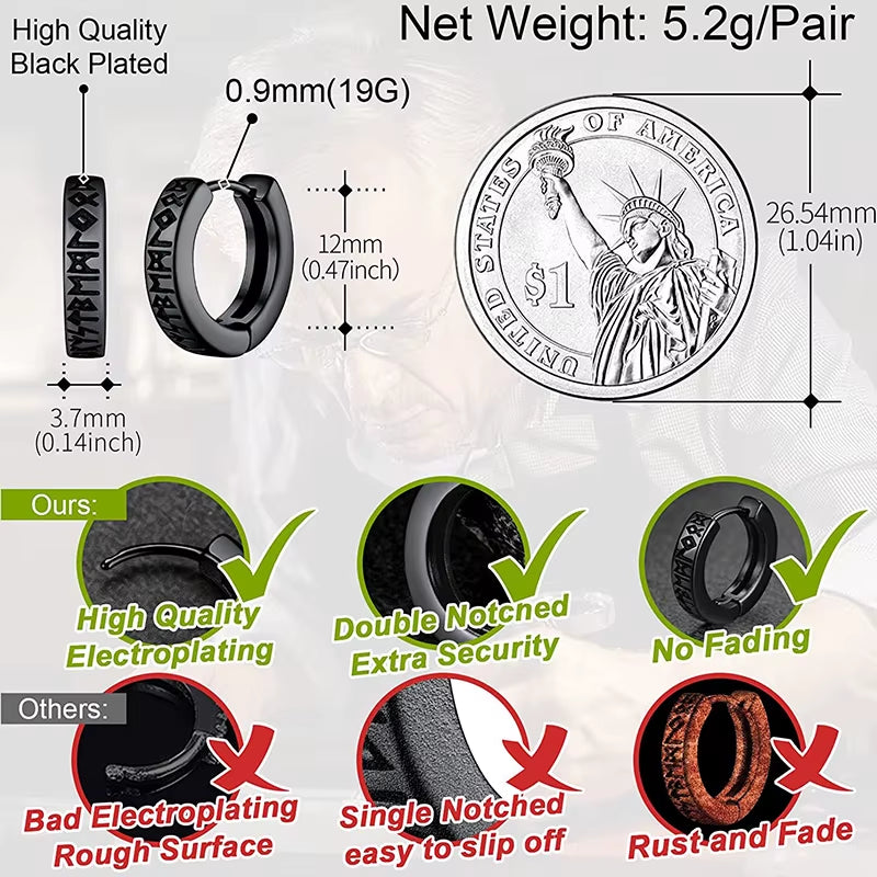 Stainless Steel Norwegian Viking Rune Hoop Earrings for Men Woman Unisex 12 Mm Huggie Hoop Religious Earring Jewelry