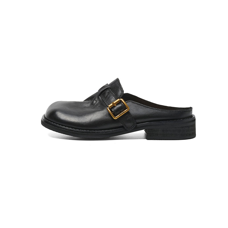 Women's Washed Full Grain Leather Buckle Mules, Retro Low Block Heel Backless Shoes