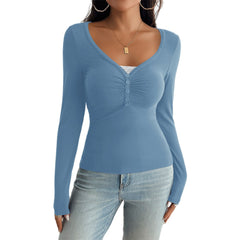 Women's Solid Color Long-Sleeve Bottoming T-Shirt With Buttons
