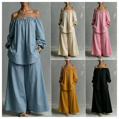 Off-shoulder Womens Cotton And Linen Wide-leg Pants Set