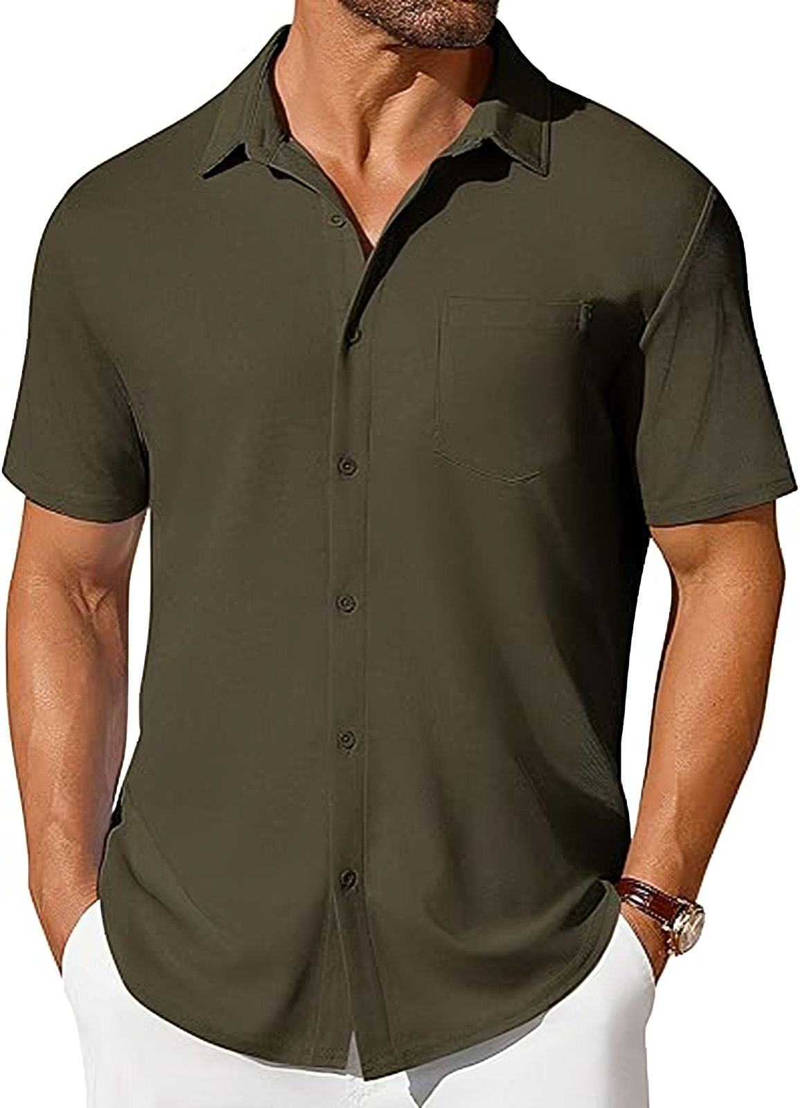 Mens Short-sleeve Button-up Wrinkle- And Crease-resistant Shirt